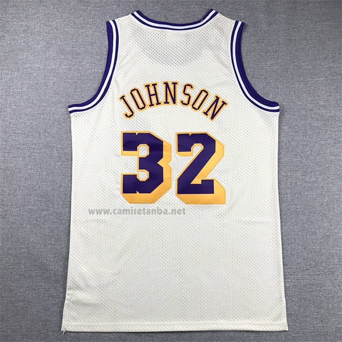 Camiseta Los Angeles Lakers Magic Johnson #32 Mitchell & Ness Chainstitch Crema
